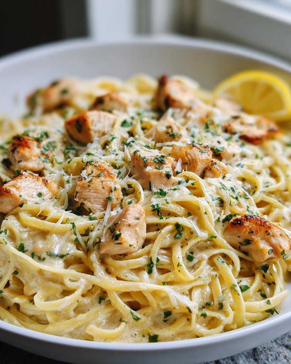 A bowl of creamy Pot Chicken Pasta with Garlic Butter, topped with diced chicken and fresh parsley.