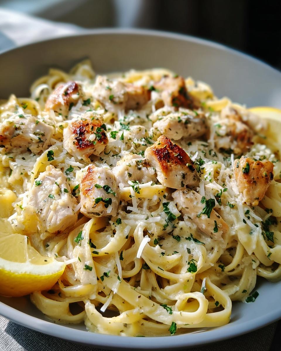 A close-up bowl of creamy Pot Chicken Pasta with Garlic Butter, topped with seared chicken pieces and grated cheese.