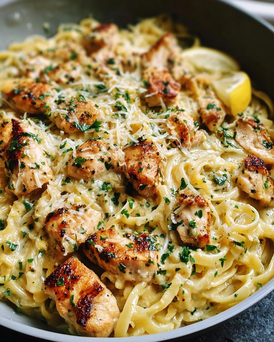 A close-up of creamy Pot Chicken Pasta with Garlic Butter, topped with seared chicken pieces and Parmesan.