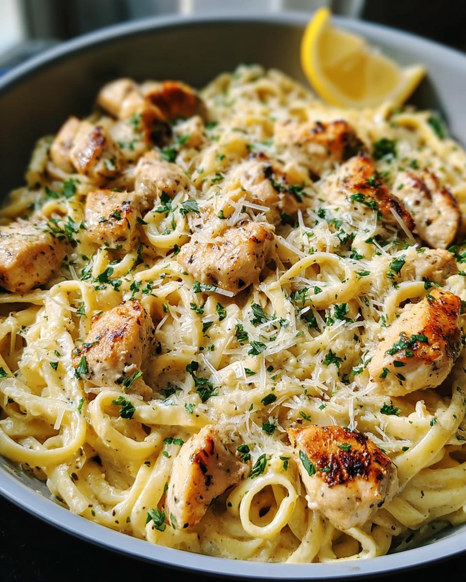 A close-up of creamy Pot Chicken Pasta with Garlic Butter, topped with grilled chicken pieces and grated Parmesan.