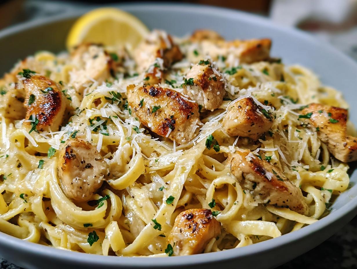 A close-up of creamy Pot Chicken Pasta with Garlic Butter, topped with seared chicken pieces and Parmesan cheese.