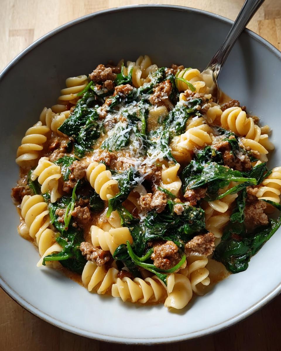 A close-up of a bowl filled with 1-Pot Pot Pasta with Sausage and Spinach, topped with grated cheese.
