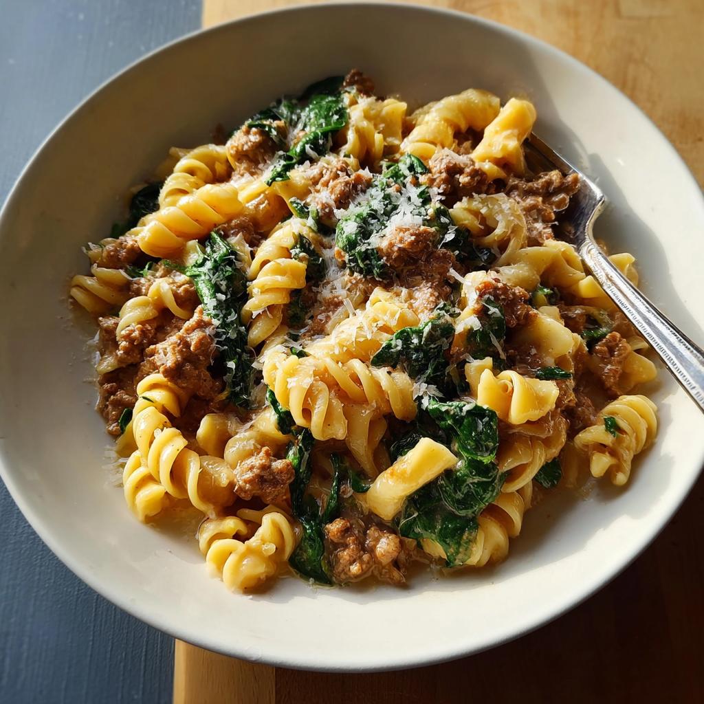 A close-up bowl of creamy Pot Pasta with Sausage and Spinach, topped with grated cheese.