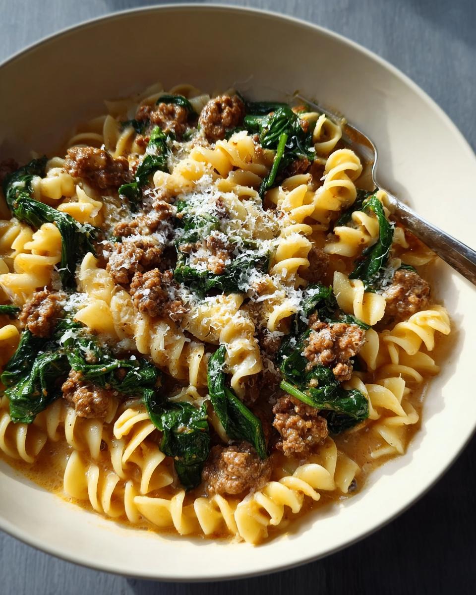 Close-up of a bowl of Pot Pasta with Sausage and Spinach, topped with grated cheese.