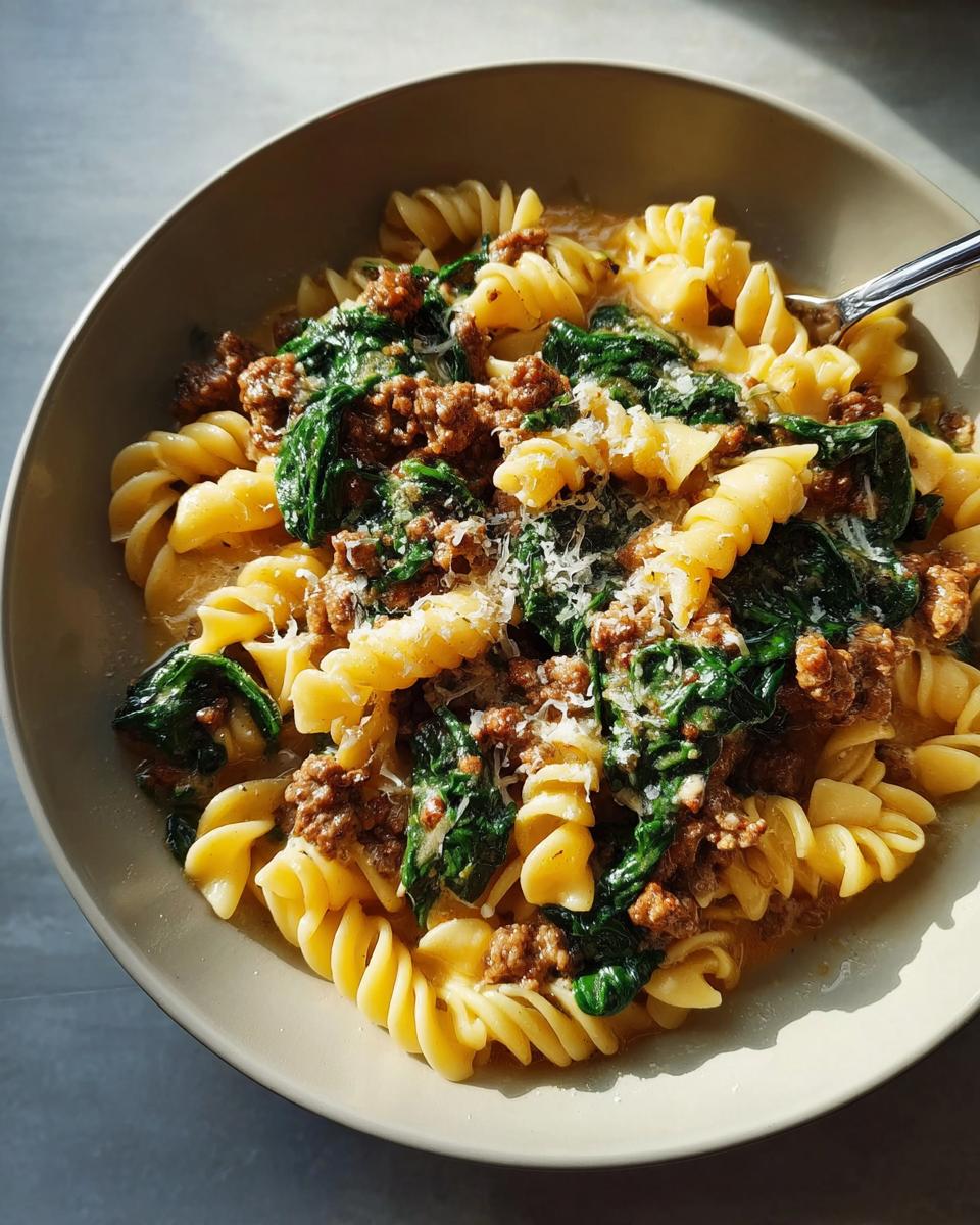 A close-up bowl of creamy Pot Pasta with Sausage and Spinach, topped with grated cheese.