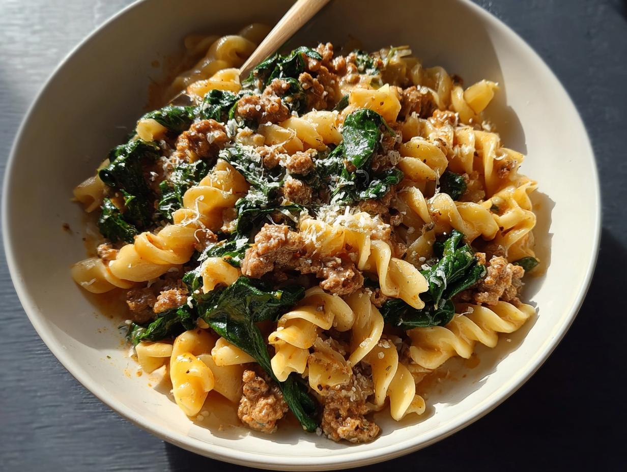 A bowl of creamy Pot Pasta with Sausage and Spinach, topped with grated cheese.