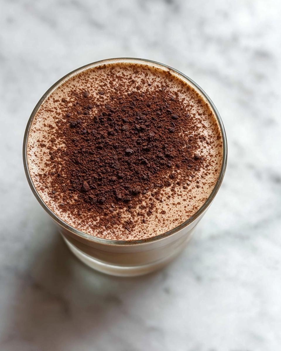 Overhead view of a glass containing finished Protein Coffee Jell, topped with a generous dusting of dark cocoa powder.