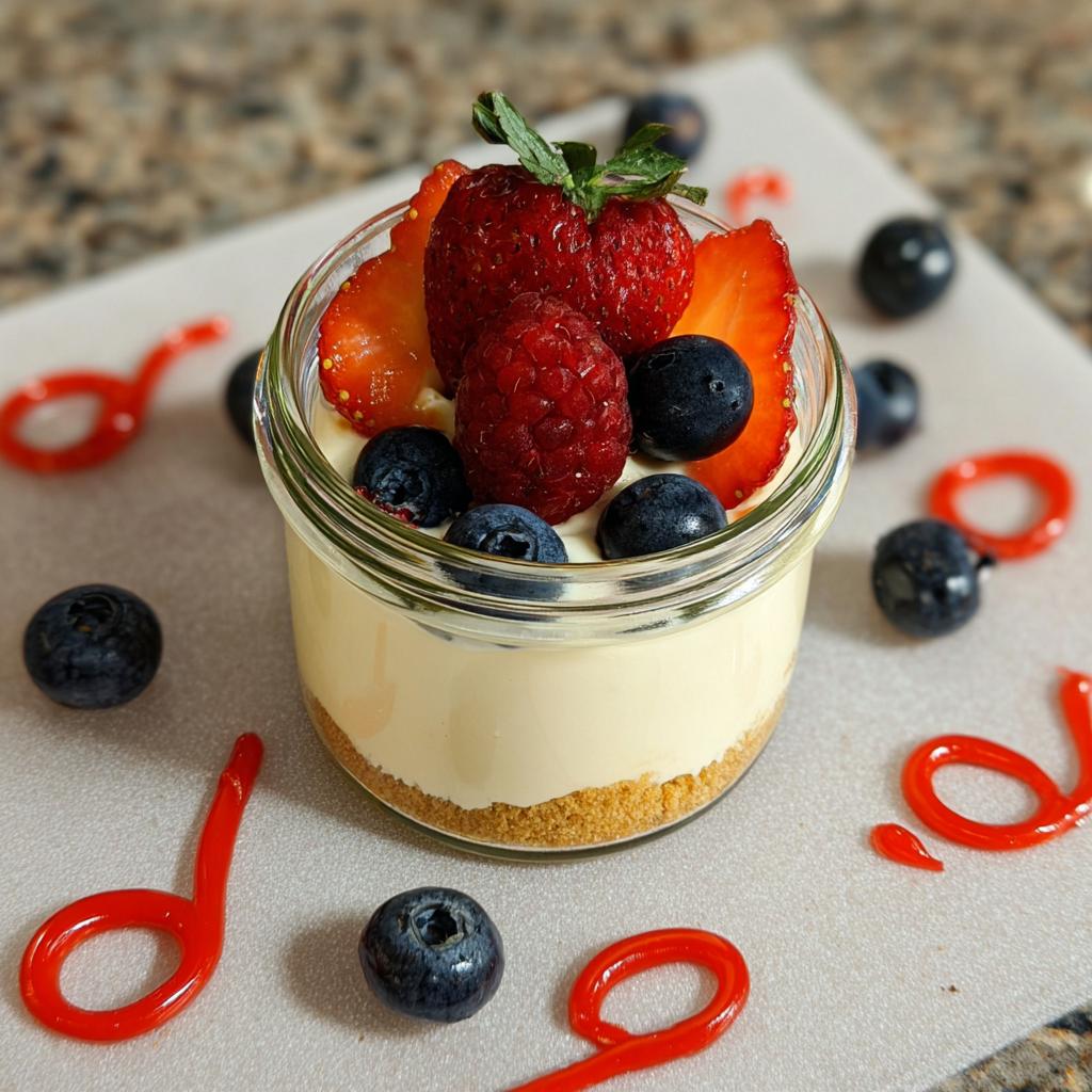 A single serving Protein Cottage cheesecake Jar topped with fresh strawberries, raspberries, and blueberries.