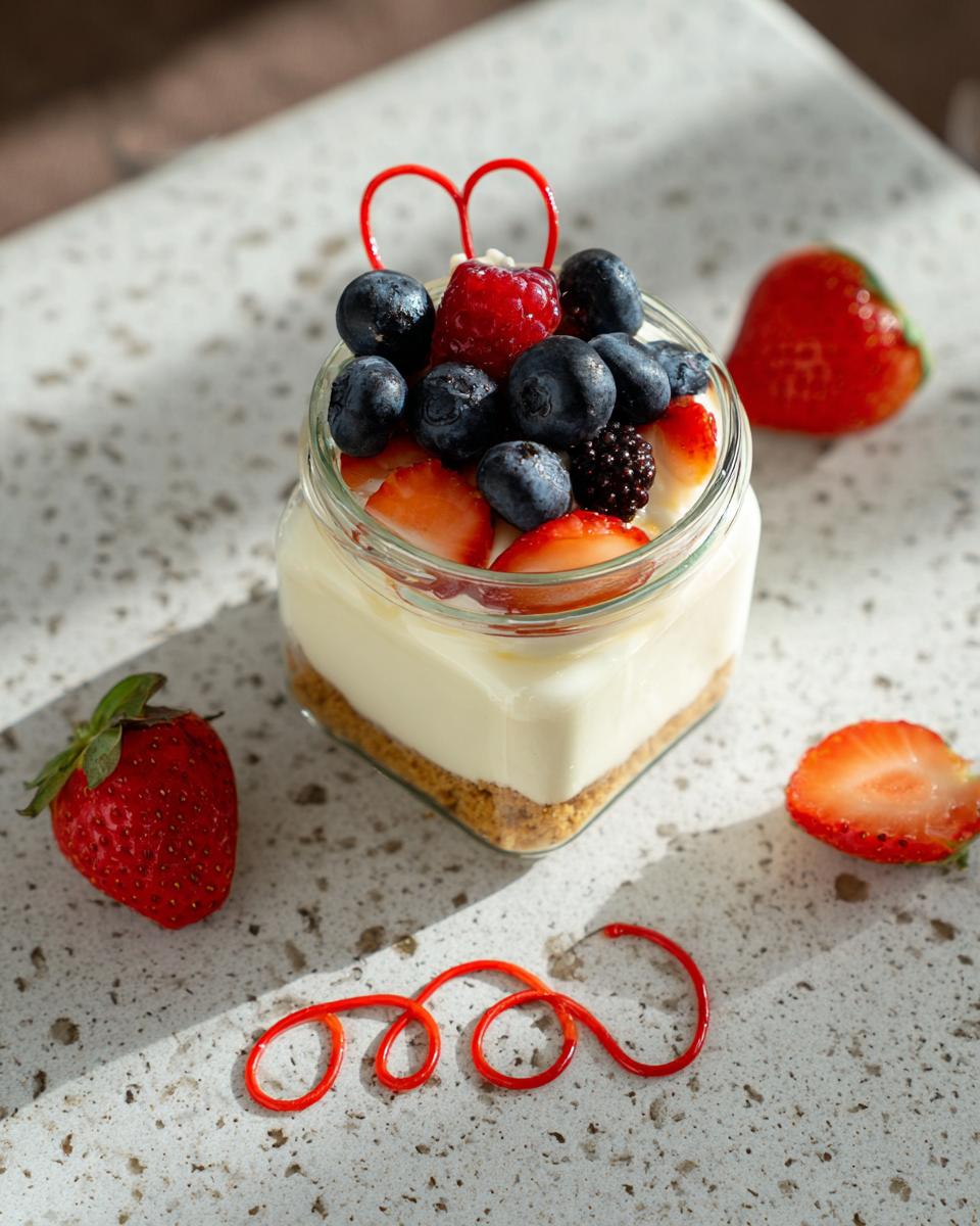 A single serving Protein Cottage cheesecake Jars topped with blueberries, raspberries, and strawberries.