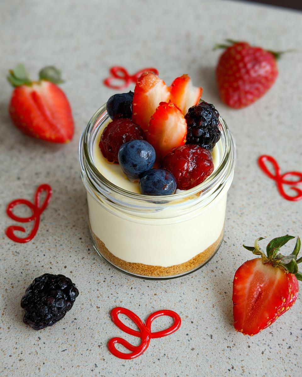 A single serving Protein Cottage cheesecake Jars in a glass jar topped with mixed berries.