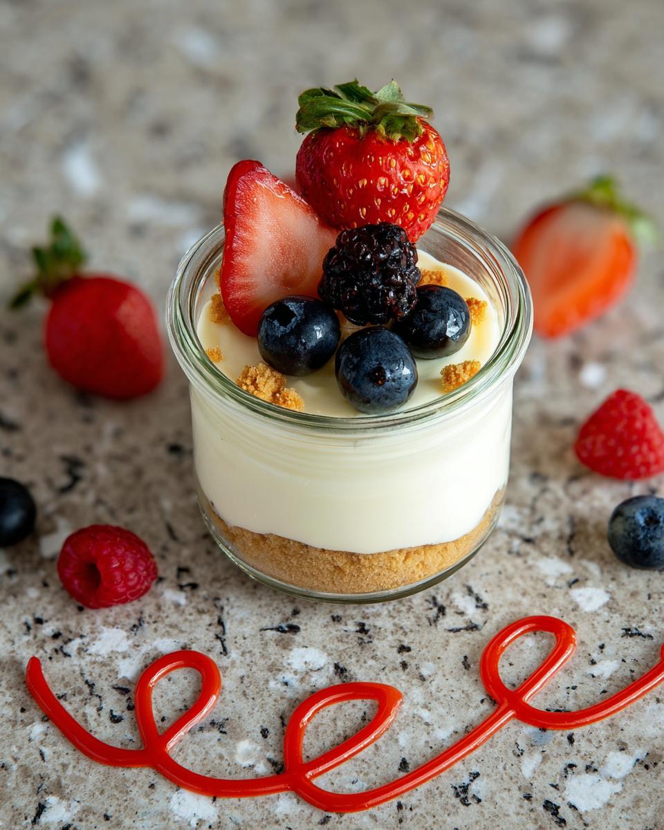 A single serving Protein Cottage cheesecake Jars topped with fresh strawberries, blueberries, and a blackberry.