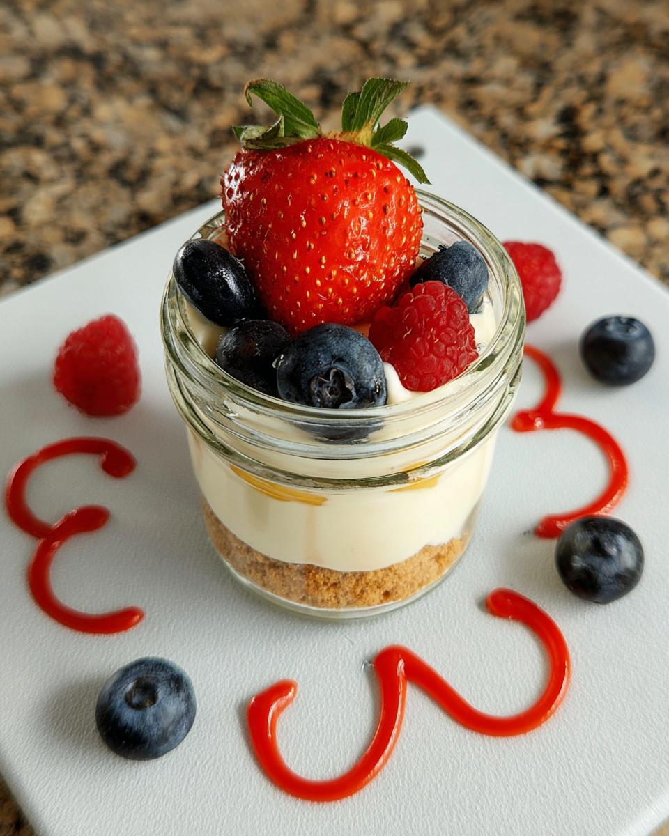 A single serving Protein Cottage cheesecake Jars topped with a large strawberry, blueberries, and raspberries on a white plate.