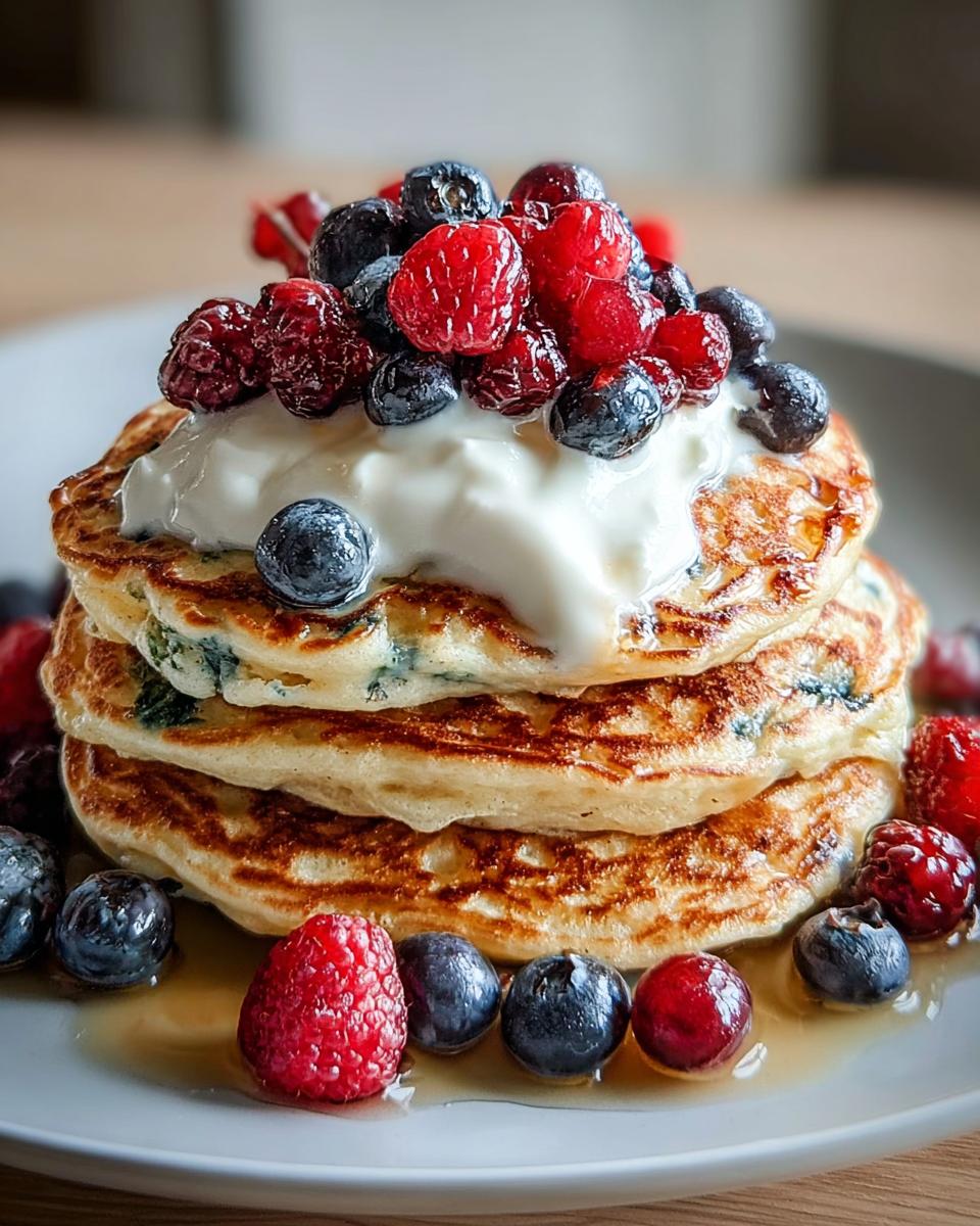 Stack of fluffy Protein Pancakes with Smooth Batter topped with yogurt and fresh mixed berries.