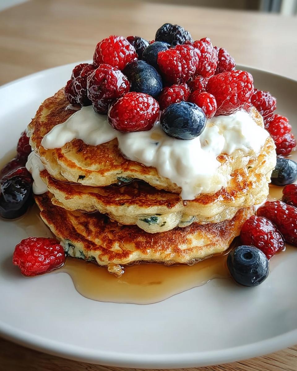 A tall stack of golden Protein Pancakes with Smooth Batter topped with yogurt and fresh raspberries and blueberries.