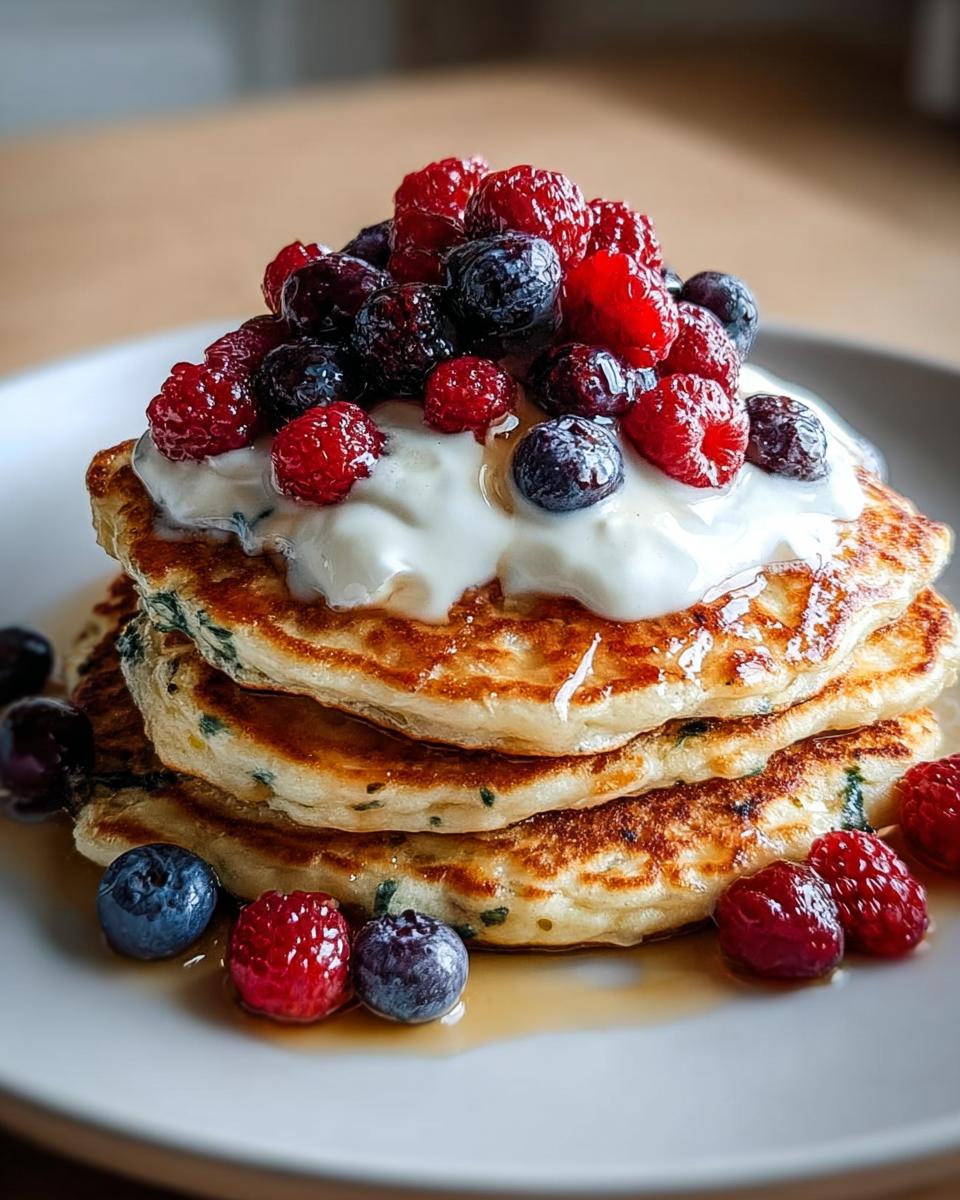 A stack of three golden Protein Pancakes with Smooth Batter, topped with yogurt and fresh mixed berries.