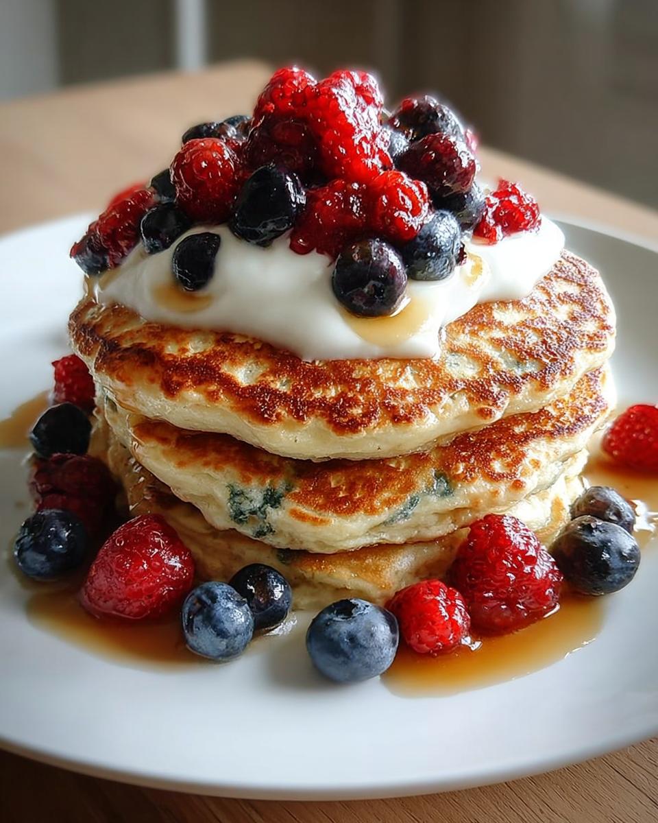 Stack of fluffy Protein Pancakes with Smooth Batter topped with yogurt and mixed berries.
