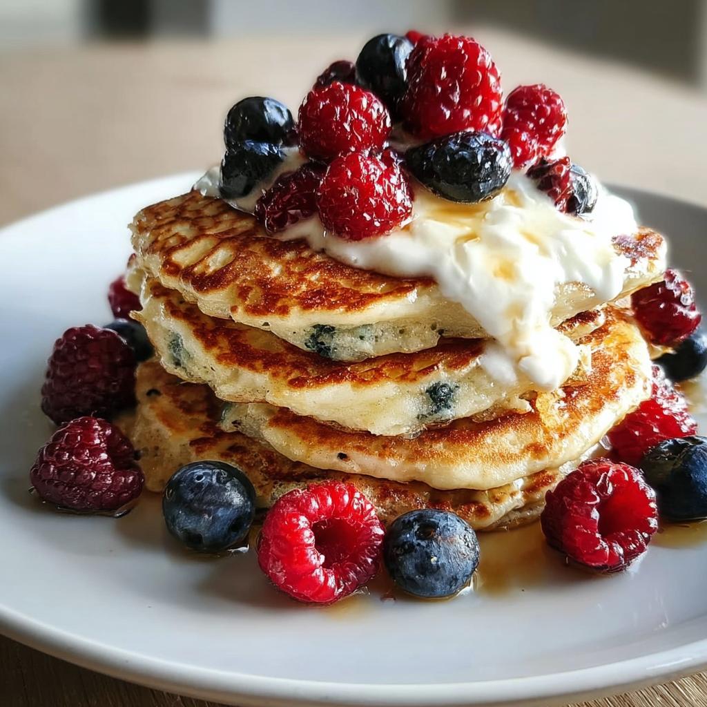 Stack of golden Protein Pancakes with Smooth Batter, topped with yogurt and fresh raspberries and blueberries.