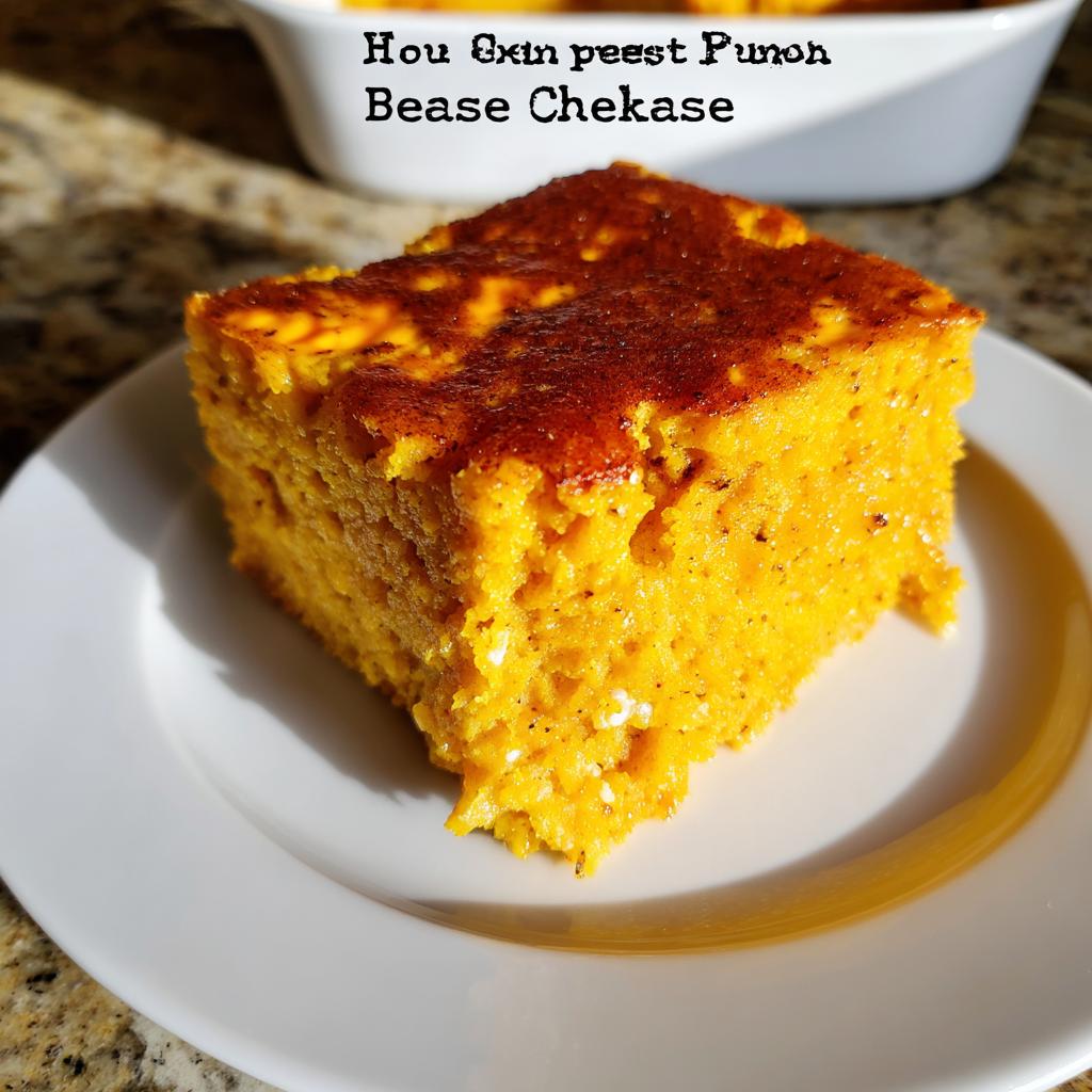 A square slice of vibrant orange Pumpkin Cottage Cheese Bake with a browned top, served on a white plate.