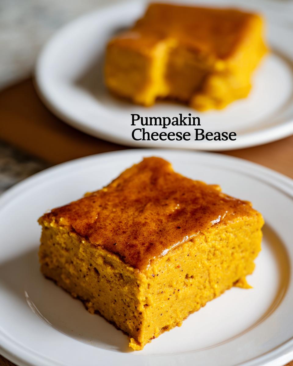 A square slice of bright orange Pumpkin Cottage Cheese Bake with a glossy, spiced top, served on a white plate.