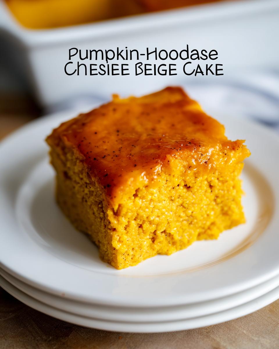 A square slice of bright orange Pumpkin Cottage Cheese Bake with a glossy topping on a stack of white plates.
