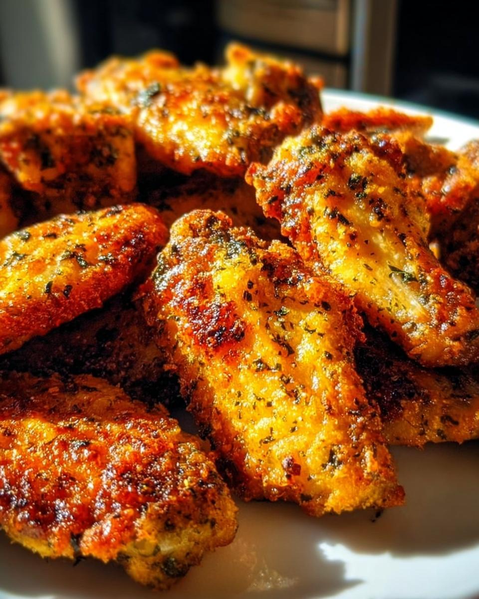 Close-up of golden brown, crispy Ranch Seasoned Wings heavily coated in herbs and seasoning.