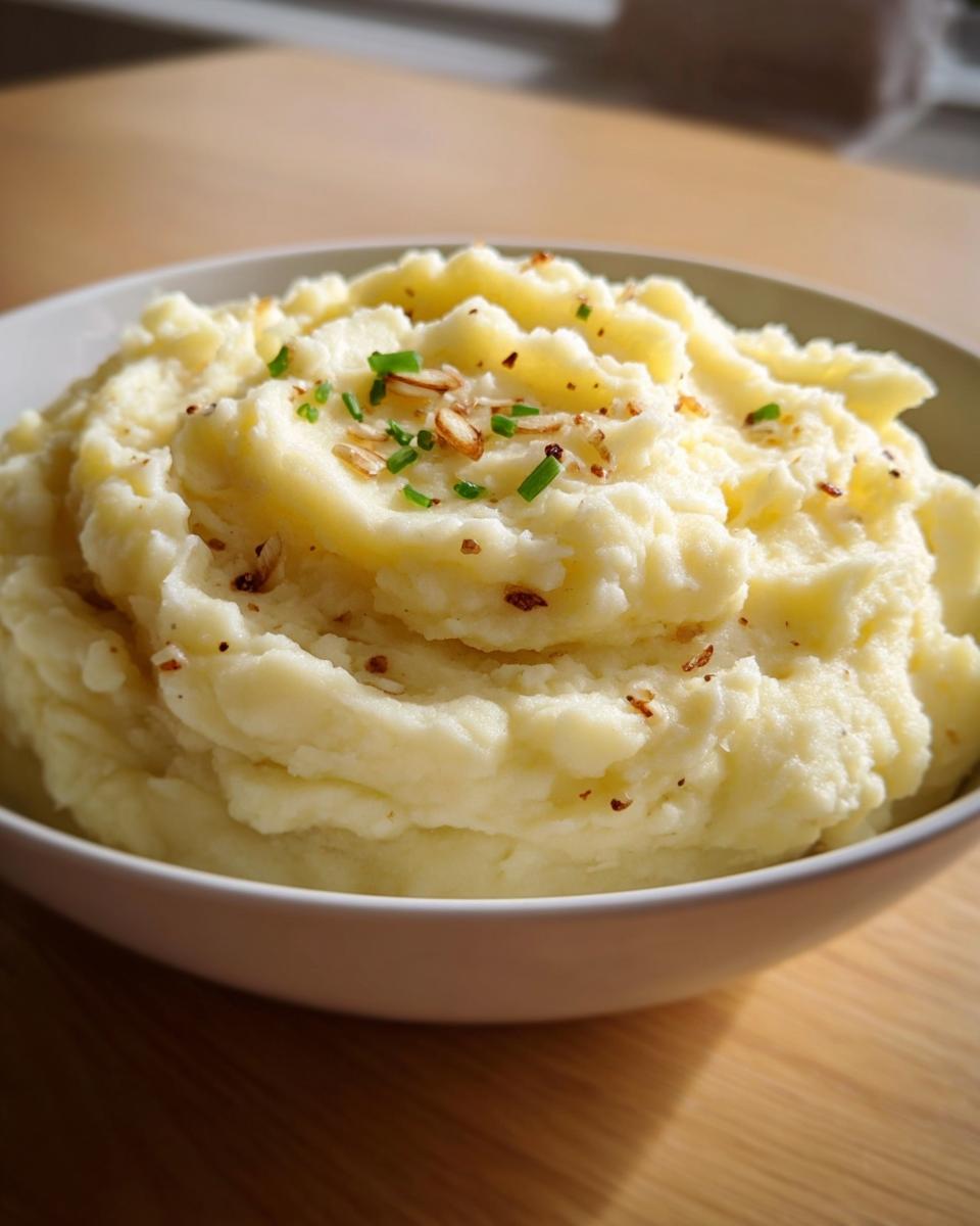 A close-up of creamy Roasted Garlic Mashed Potatoes topped with chives and crispy garlic bits.
