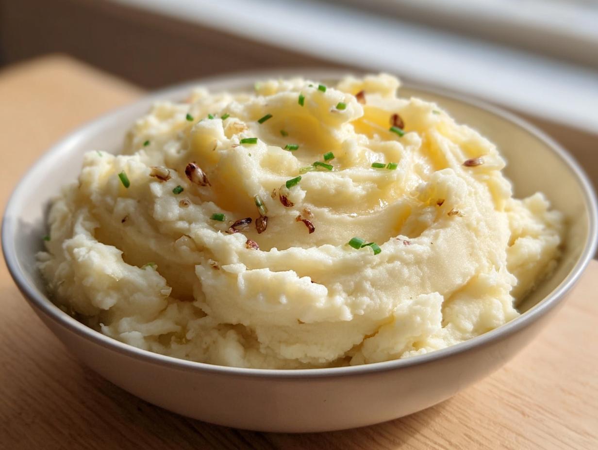 A creamy bowl of Roasted Garlic Mashed Potatoes topped with melted butter, chives, and roasted garlic bits.