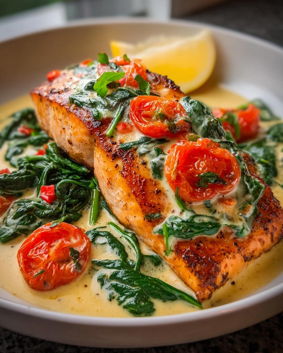 Close-up of perfectly seared Salmon with Creamy Tuscan Sauce and Spinach, garnished with roasted tomatoes.