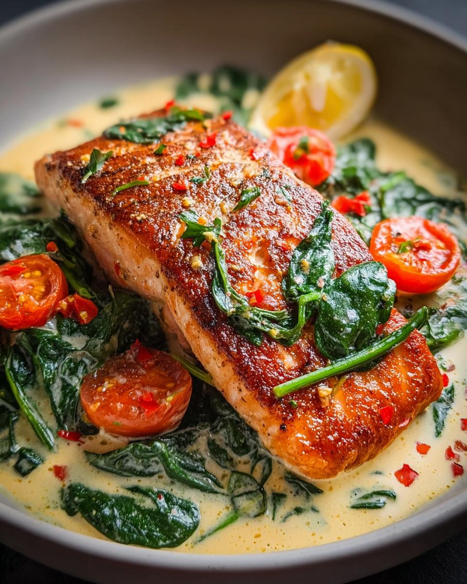 Close-up of pan-seared Salmon with Creamy Tuscan Sauce and Spinach, garnished with tomatoes.
