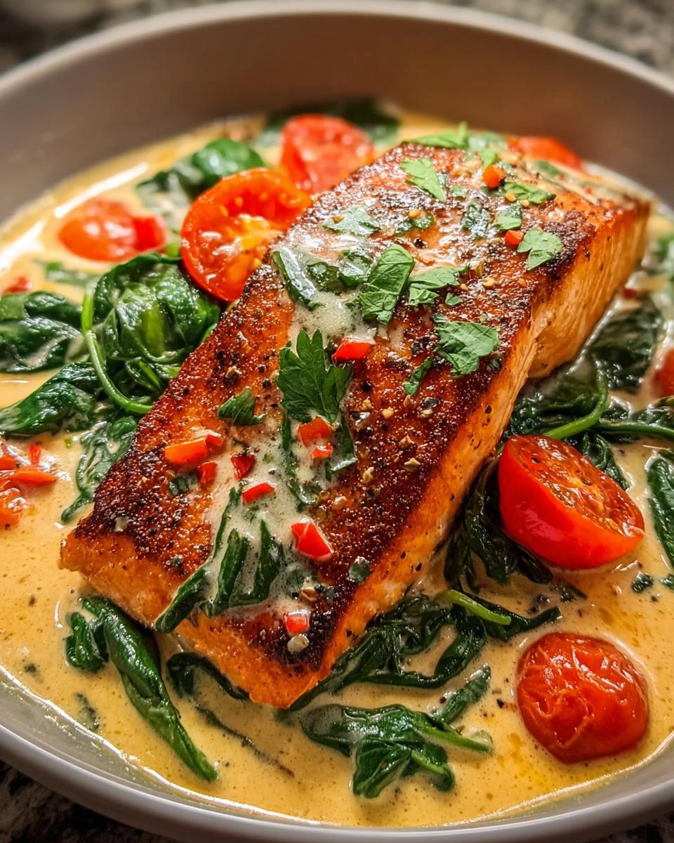A perfectly seared fillet of Salmon with Creamy Tuscan Sauce and Spinach, garnished with tomatoes.