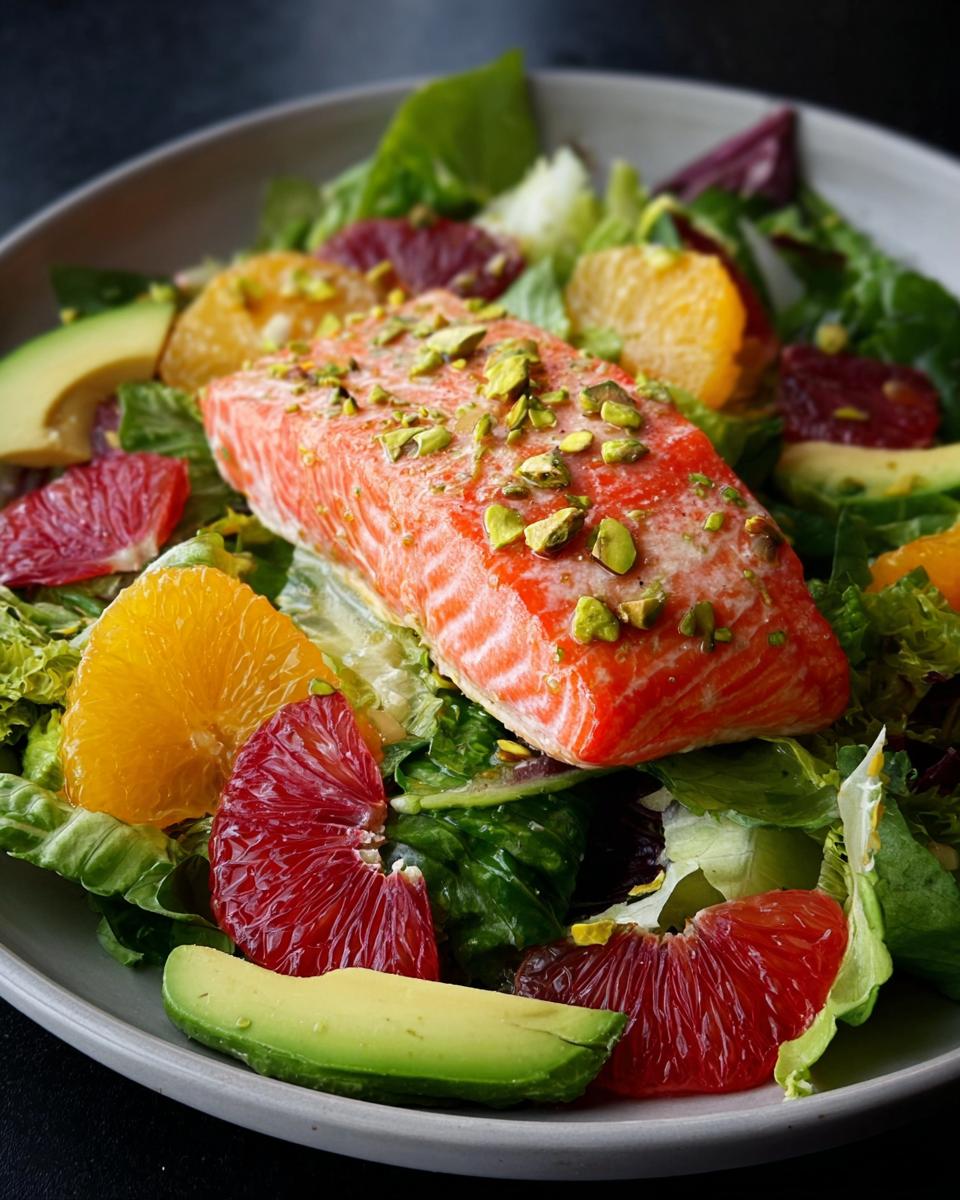 A perfectly cooked salmon fillet topped with pistachios served over mixed greens with avocado and citrus segments in a Salmon Salad with Bright Citrus Dressing.
