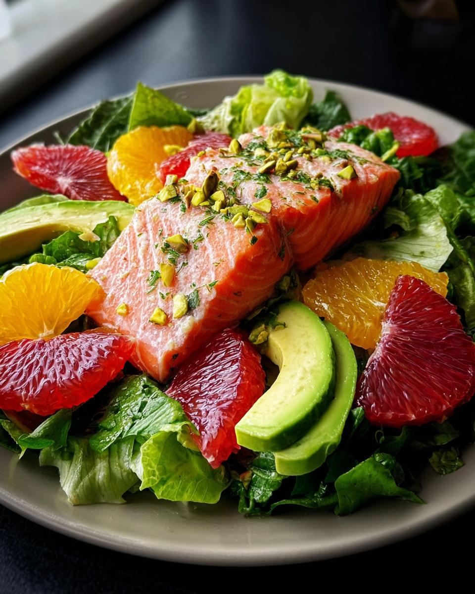 A perfectly cooked salmon fillet served over greens with sliced avocado and segments of blood orange and regular orange for a Salmon Salad.