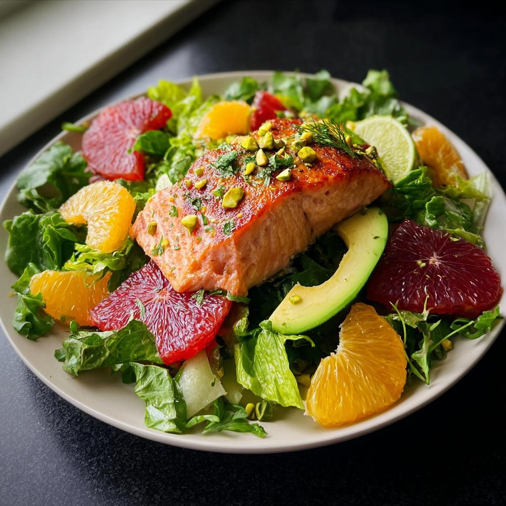 A perfectly cooked salmon fillet atop a bed of greens, citrus segments, and avocado for a Salmon Salad.