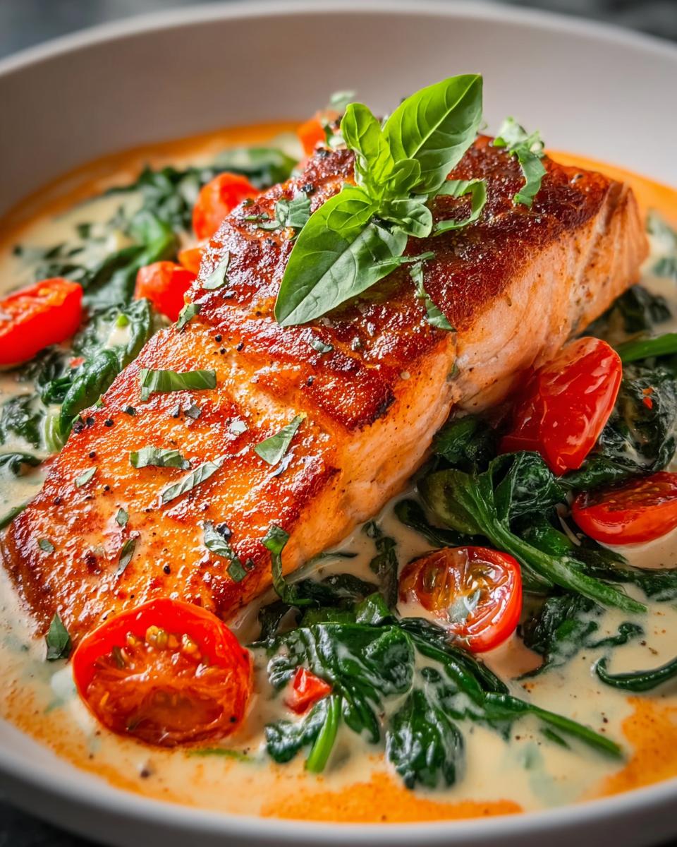 Pan-seared salmon fillet served over spinach and tomatoes in a creamy Tuscan sauce.
