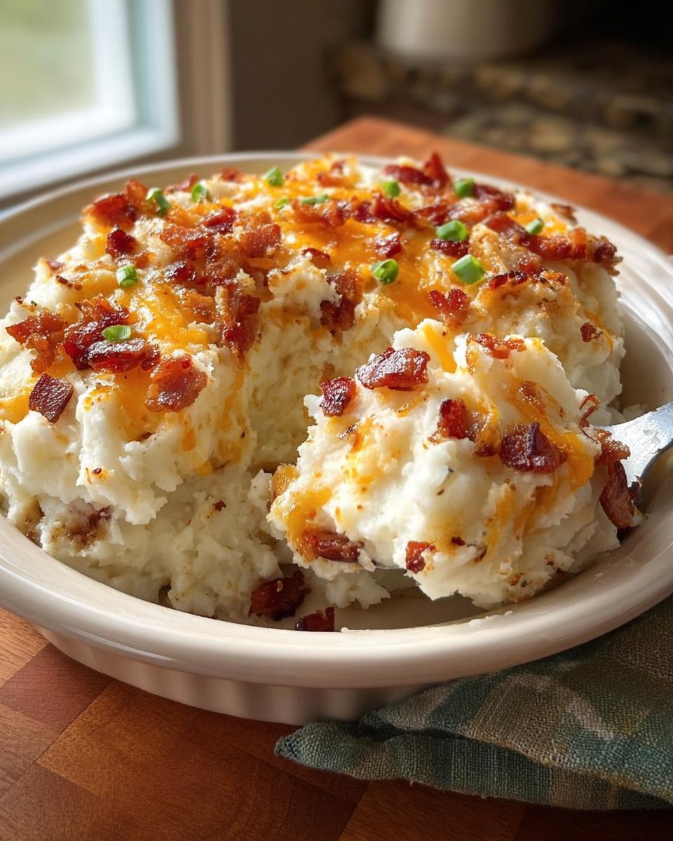 A spoonful being lifted from a dish of creamy Loaded Mashed Potatoes with Bacon and Cheese.