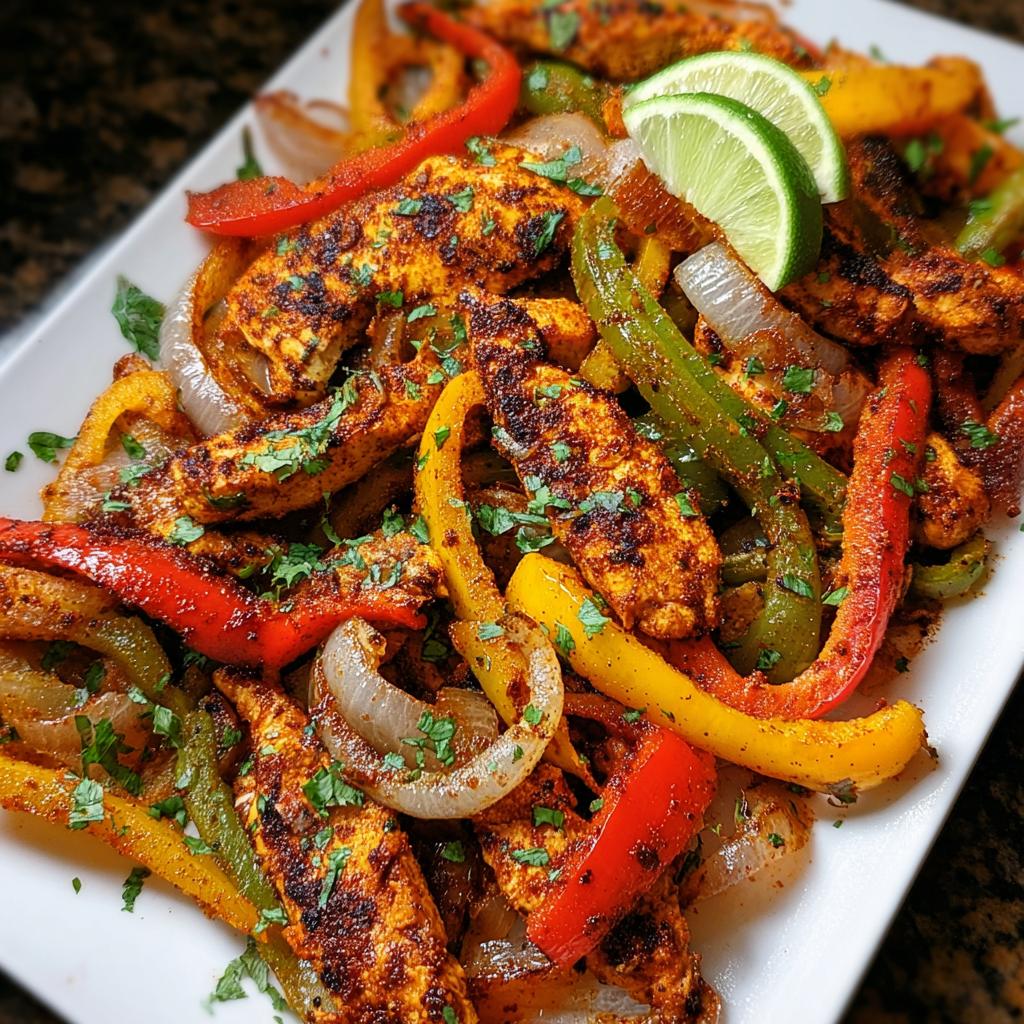 Close-up of seasoned chicken strips mixed with colorful bell peppers and onions for Sheet Pan Chicken Fajitas.