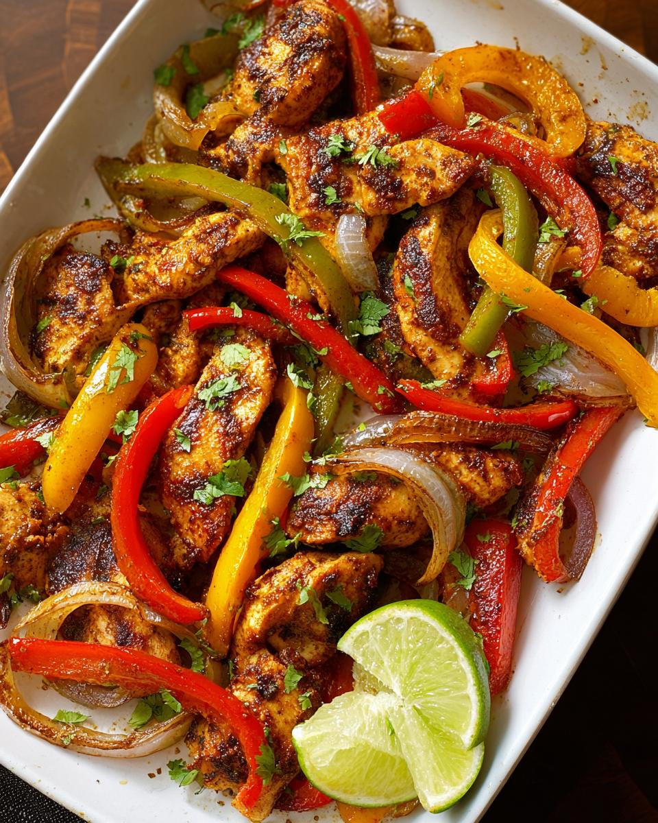 Close-up of seasoned Sheet Pan Chicken Fajitas with Peppers and onions, garnished with lime.