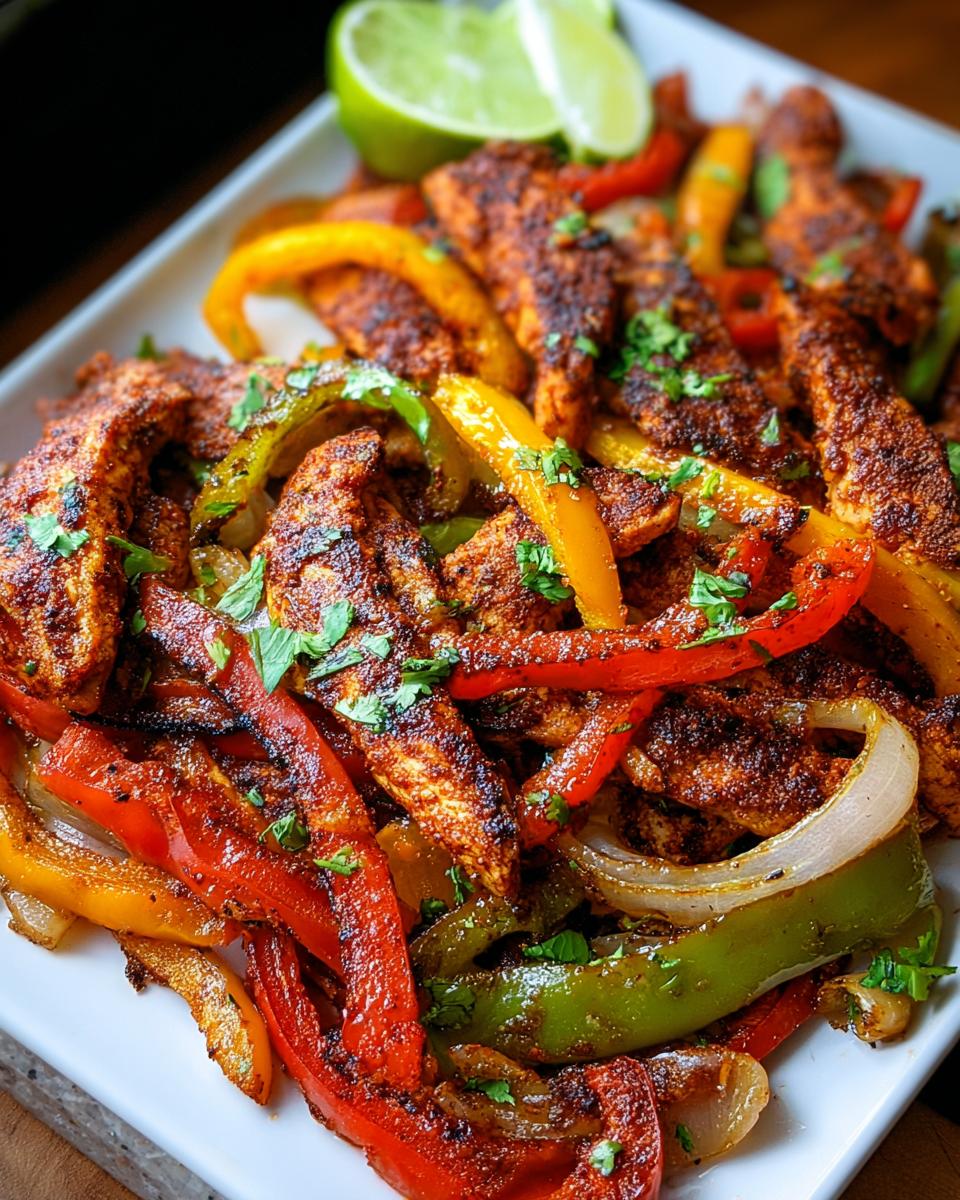 Close-up of seasoned chicken strips mixed with colorful bell peppers and onions, garnished with cilantro and lime wedges, representing Sheet Pan Chicken Fajitas with Peppers.