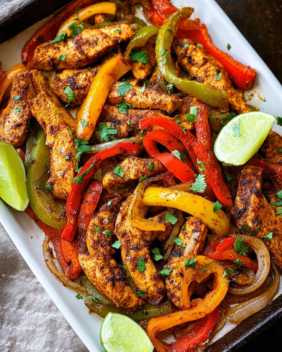 Close-up of seasoned Sheet Pan Chicken Fajitas with Peppers and onions, garnished with lime wedges.
