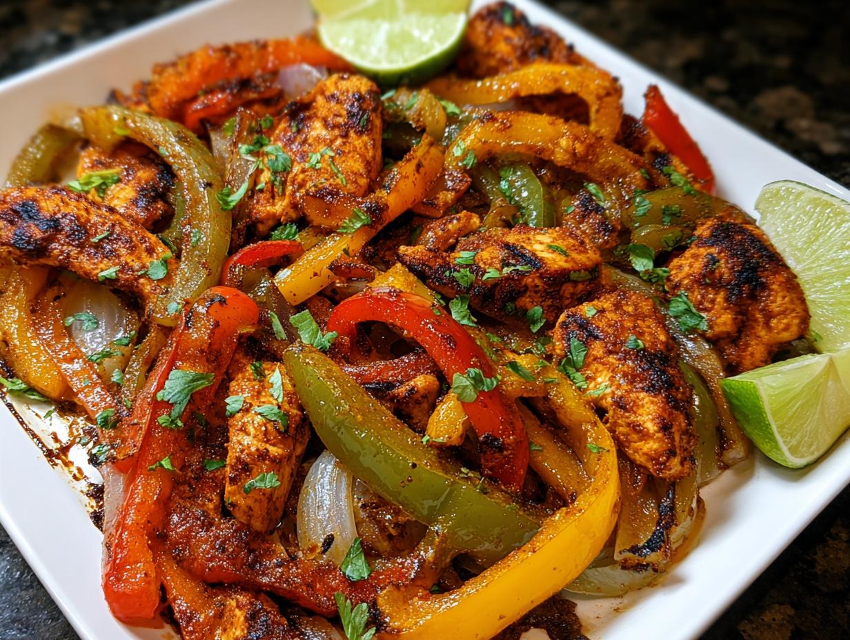 Close-up of seasoned Sheet Pan Chicken Fajitas with Peppers and onions, garnished with lime.