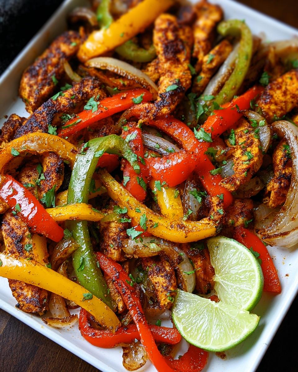 Close-up of seasoned chicken strips mixed with colorful bell peppers and onions, garnished with cilantro and lime slices for Sheet Pan Chicken Fajitas with Peppers.