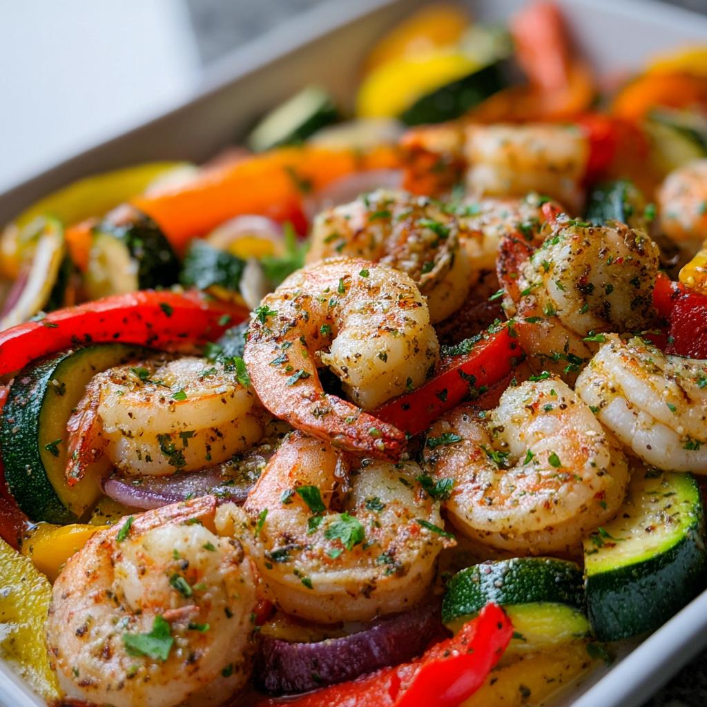 Close-up of cooked Sheet Pan Shrimp and Veggies with Herbs, including zucchini, peppers, and onions.