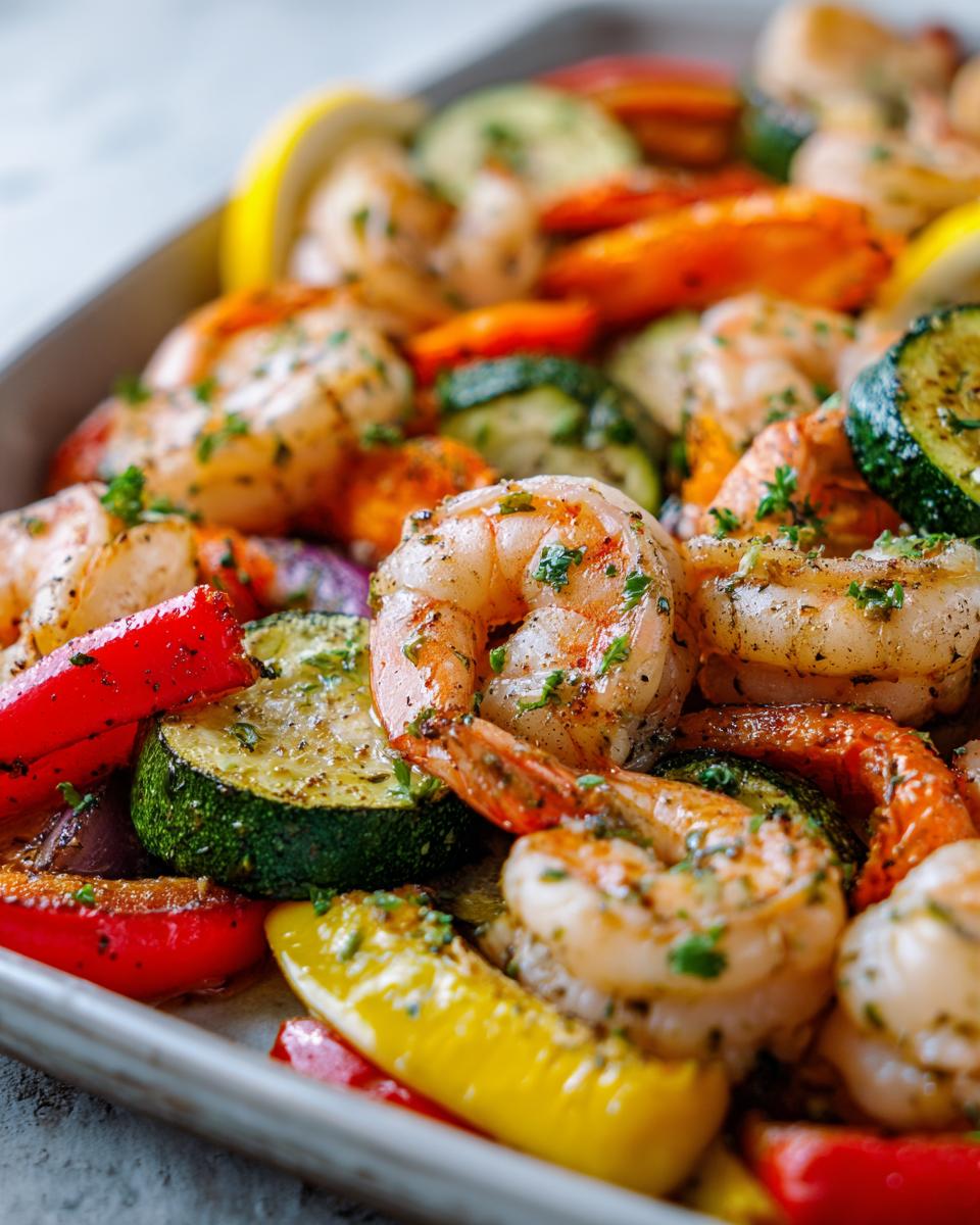 Close-up of perfectly roasted Sheet Pan Shrimp and Veggies with Herbs, including zucchini and bell peppers.