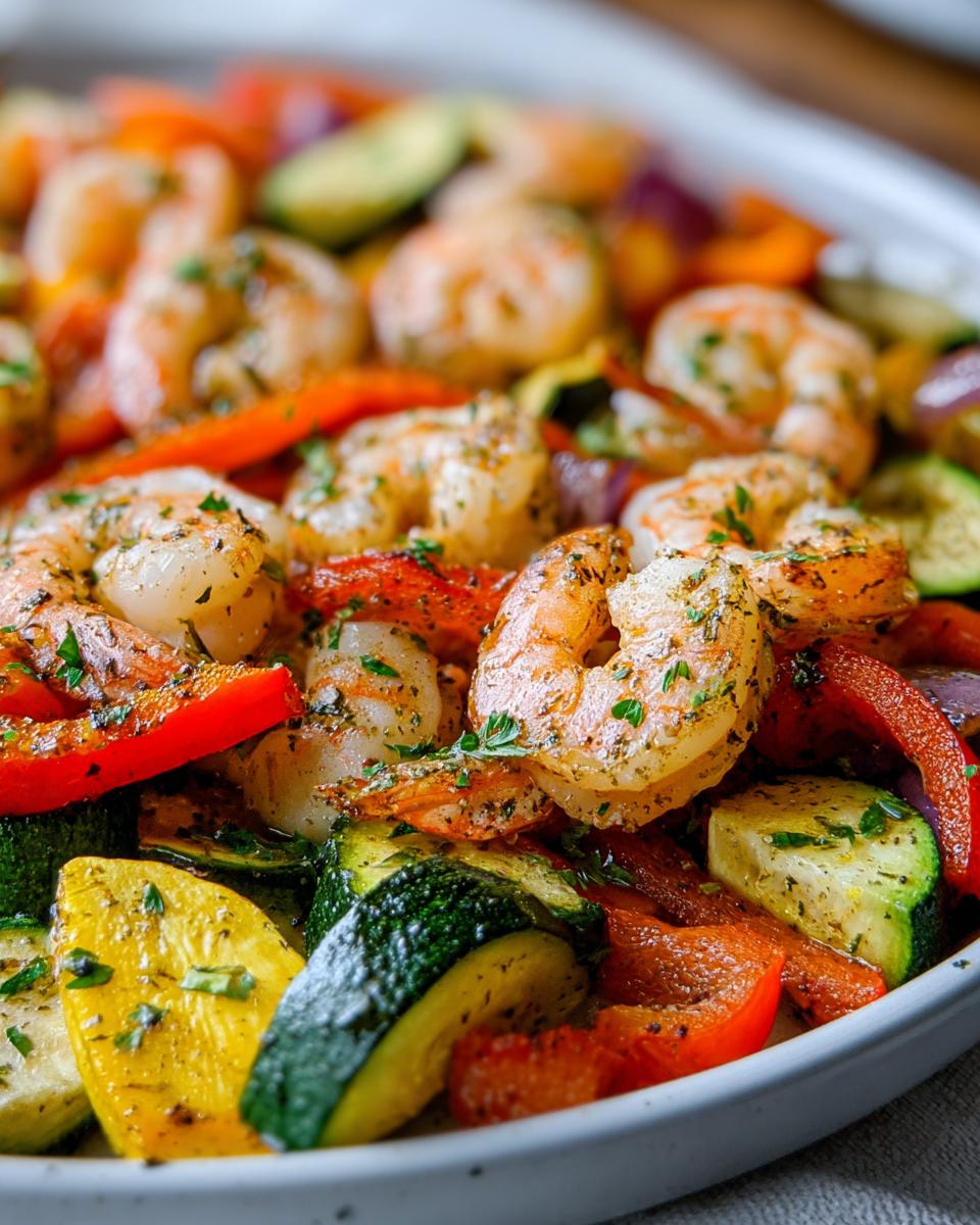 Close-up of roasted Sheet Pan Shrimp and Veggies with Herbs, featuring plump shrimp, zucchini, and red peppers.