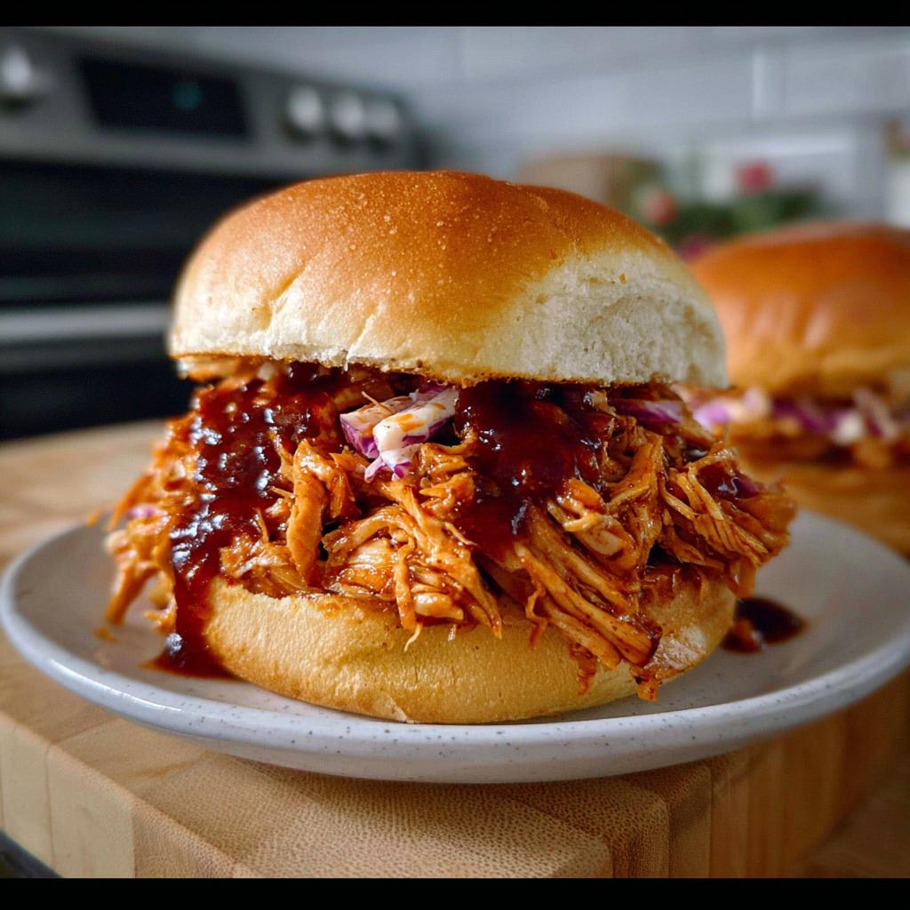 A close-up of a juicy BBQ Chicken Sandwich Filling That Shreds Perfectly on a bun with coleslaw.