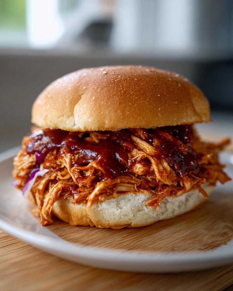 A close-up of a soft bun filled with BBQ Chicken Sandwich Filling That Shreds Perfectly and topped with extra sauce.