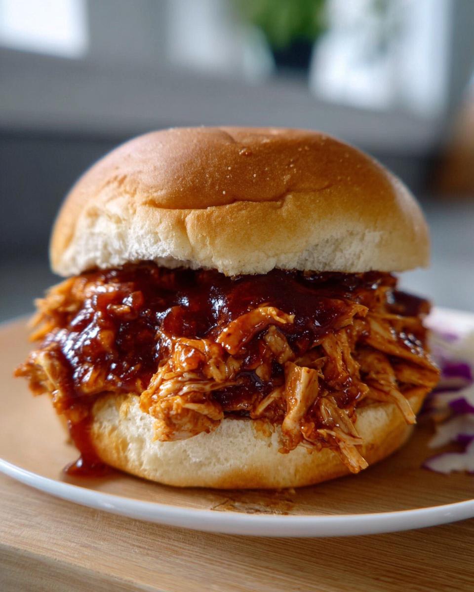 A close-up of a soft bun filled with juicy, shredded BBQ Chicken Sandwich Filling.