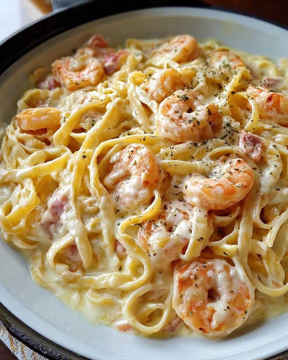 A close-up view of fettuccine pasta coated in a rich, creamy Parmesan sauce with plump shrimp in a white bowl.