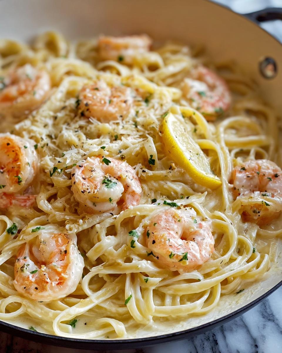 A close-up shot of Shrimp Alfredo with Creamy Parmesan Sauce tossed with fettuccine pasta, garnished with parsley and lemon.