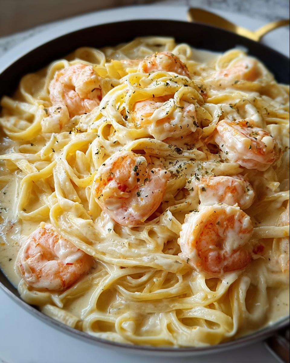 A close-up view of fettuccine pasta coated in a rich, creamy sauce with large shrimp, garnished with herbs, showcasing the Shrimp Alfredo.